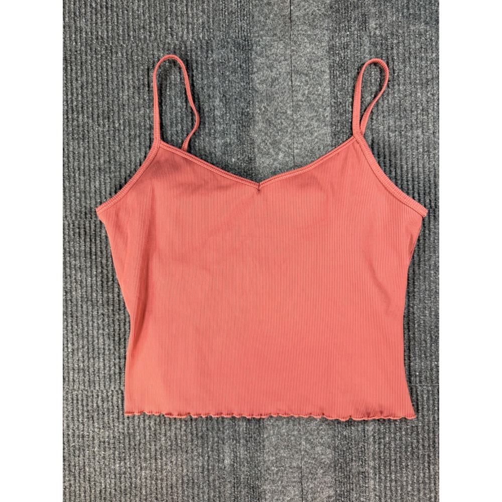 GapFit Womens Ribbed Cami Bra Top V-Neck Lettuce Edge Hem Coral Pink Large Tall